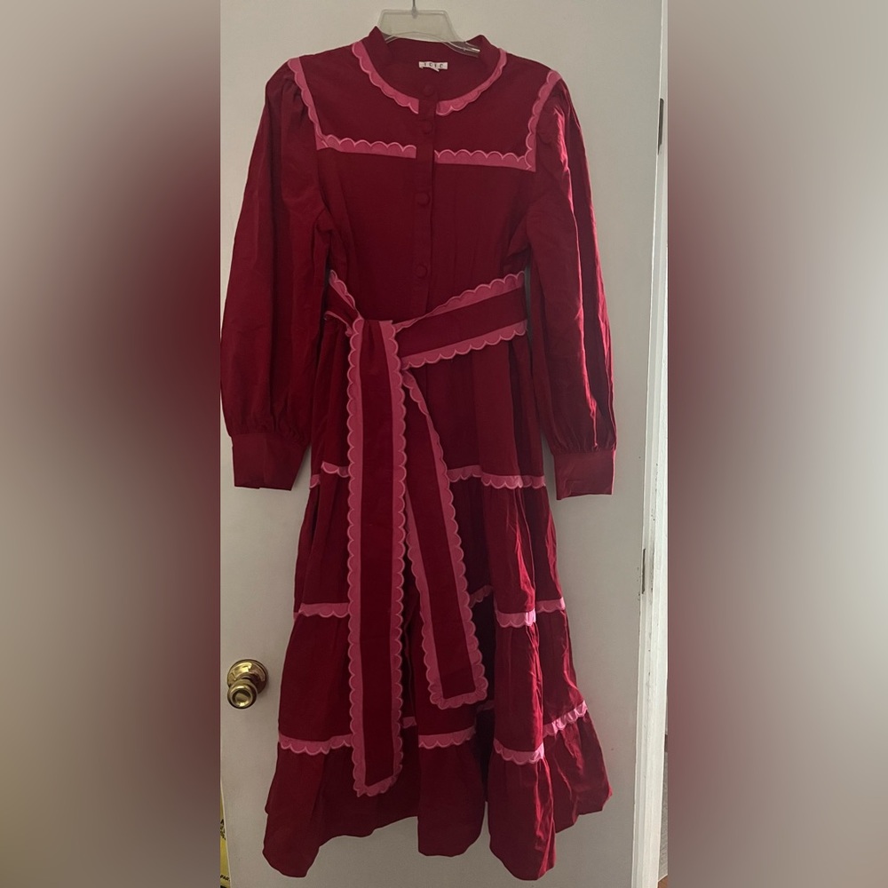 Women’s dress- never worn - belted- red and pink, buttons down the front